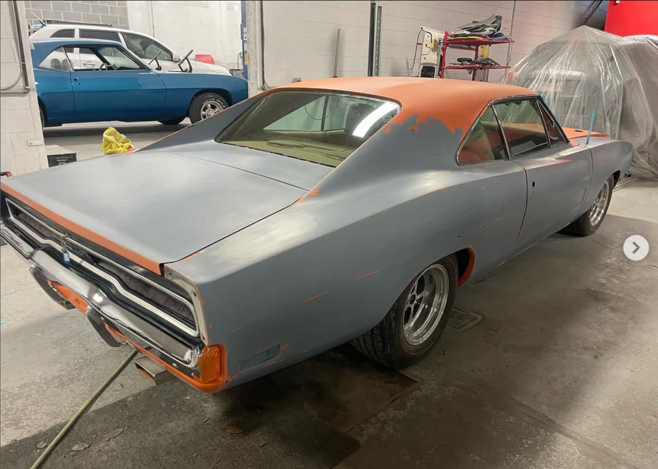 Dodge Charger during bodywork in primer