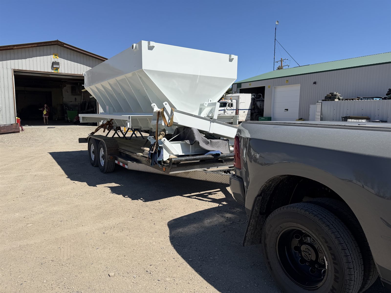 Finished white spreader unit ready for delivery